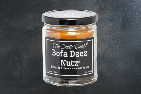 Bofa Deez Nutz banana nut bread and hazelnut vanilla scented candle in a glass jar.